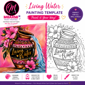 Living Water Christian painting template featuring a decorative clay water jar with flowing water and pink flowers, designed as a beginner-friendly pre-drawn canvas for paint parties, DIY paint kits, and faith-based craft activities.