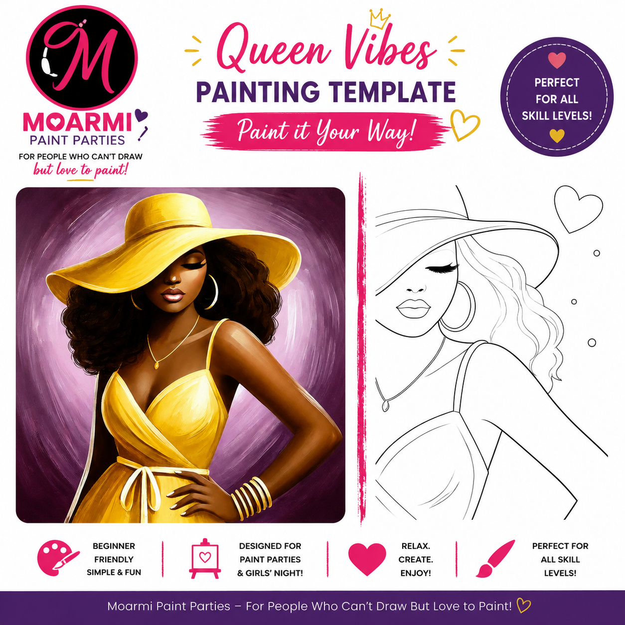 Queen Vibes Pre-Drawn Painting Canvas Queen Vibes beginner paint party template featuring a Black woman in a yellow hat with a pre-drawn canvas outline for sip and paint and girls night