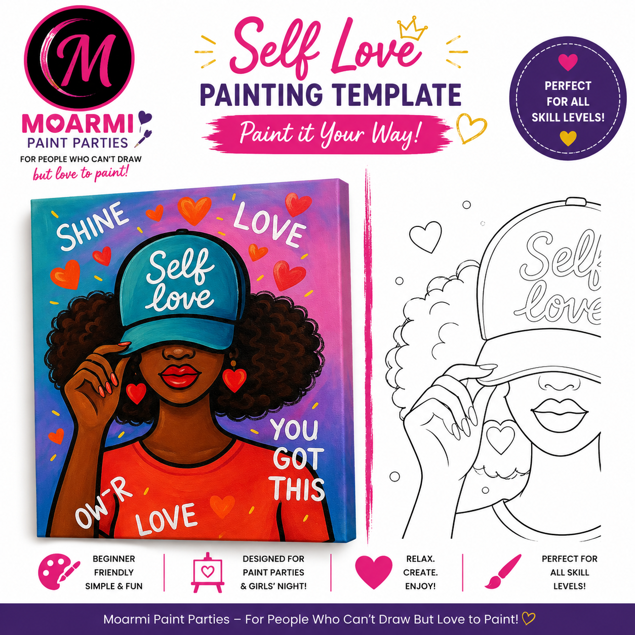 Self Love Pre-Drawn Paint Canvas | Beginner Sip & Paint Canvas | Self Love pre-drawn paint canvas featuring a Black woman wearing a Self Love hat with inspirational words for sip and paint parties and beginner painters.
