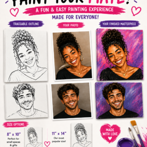 Custom Paint Your Mate pre-drawn canvas featuring separate portraits of a man and woman, with photo reference, outline canvas, finished painted examples, and available 8x10 and 11x14 canvas sizes.