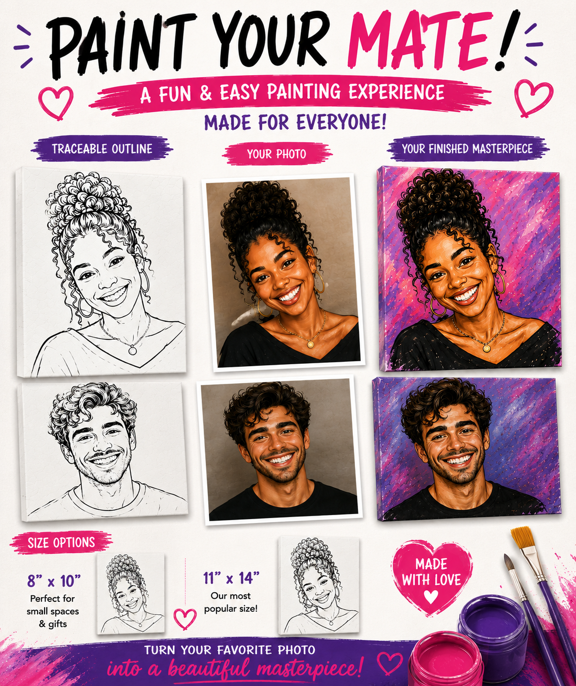 Paint Your Mate Custom Pre-Drawn Canvas Kit | Personalized Couple Paint Kit | DIY Paint by Photo Gift | Moarmi Paint Parties Custom Paint Your Mate pre-drawn canvas featuring separate portraits of a man and woman, with photo reference, outline canvas, finished painted examples, and available 8x10 and 11x14 canvas sizes.